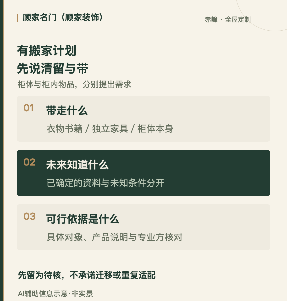 赤峰定制柜，有搬家计划先说清留与带的需求，AI辅助信息示意，非实景案例